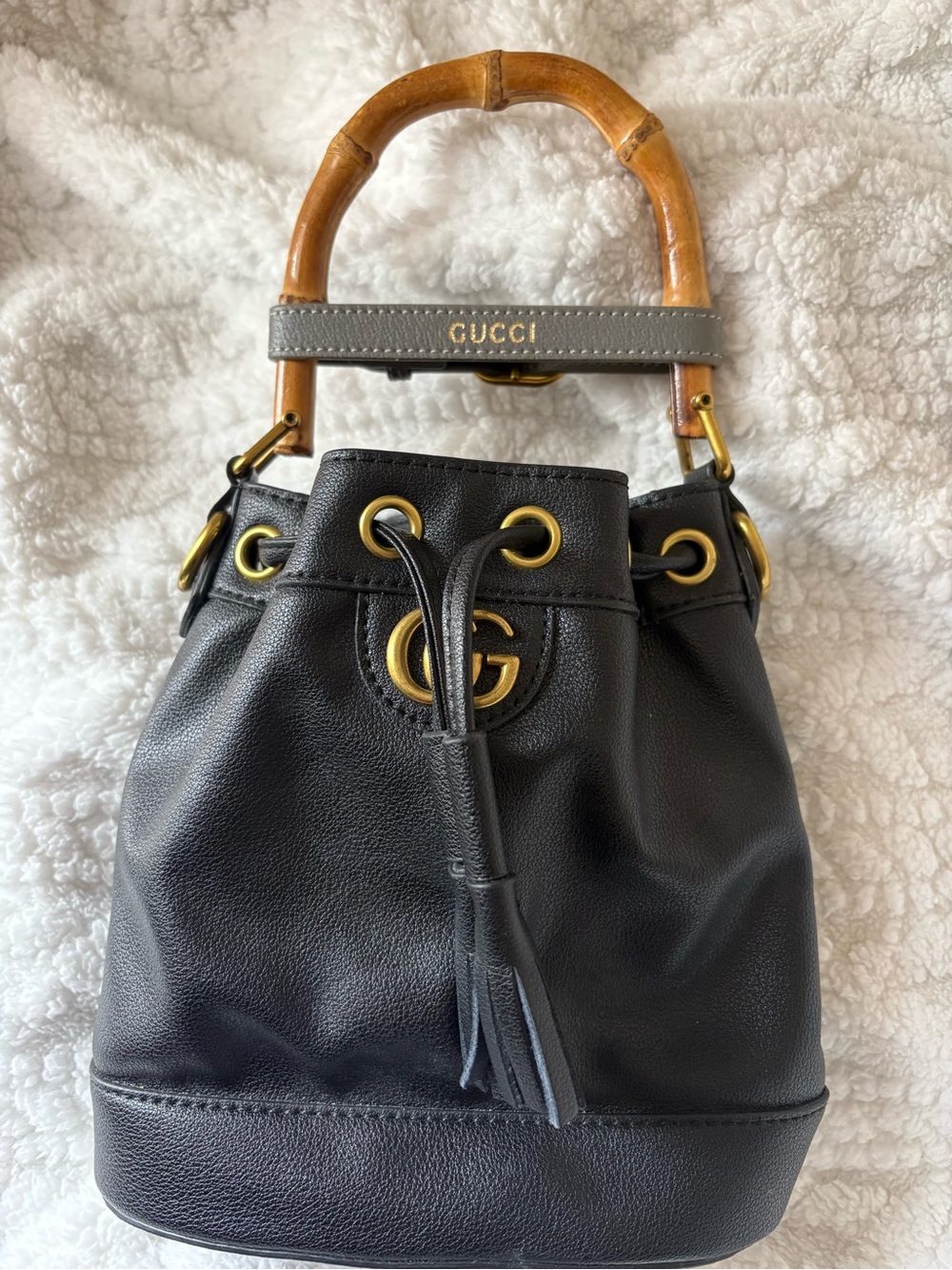 GG Black Leather Bamboo Top-Handle Bucket Bag